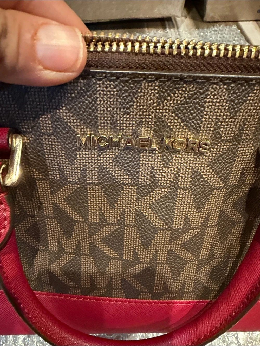 Michael Kors Brown & Red Logo Satchel with Gold Hardware